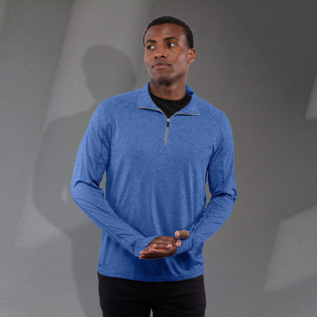 Taza Knit Quarter Zip with Thumb Holes for Men Transfer - New Royal Heather - Front On Model