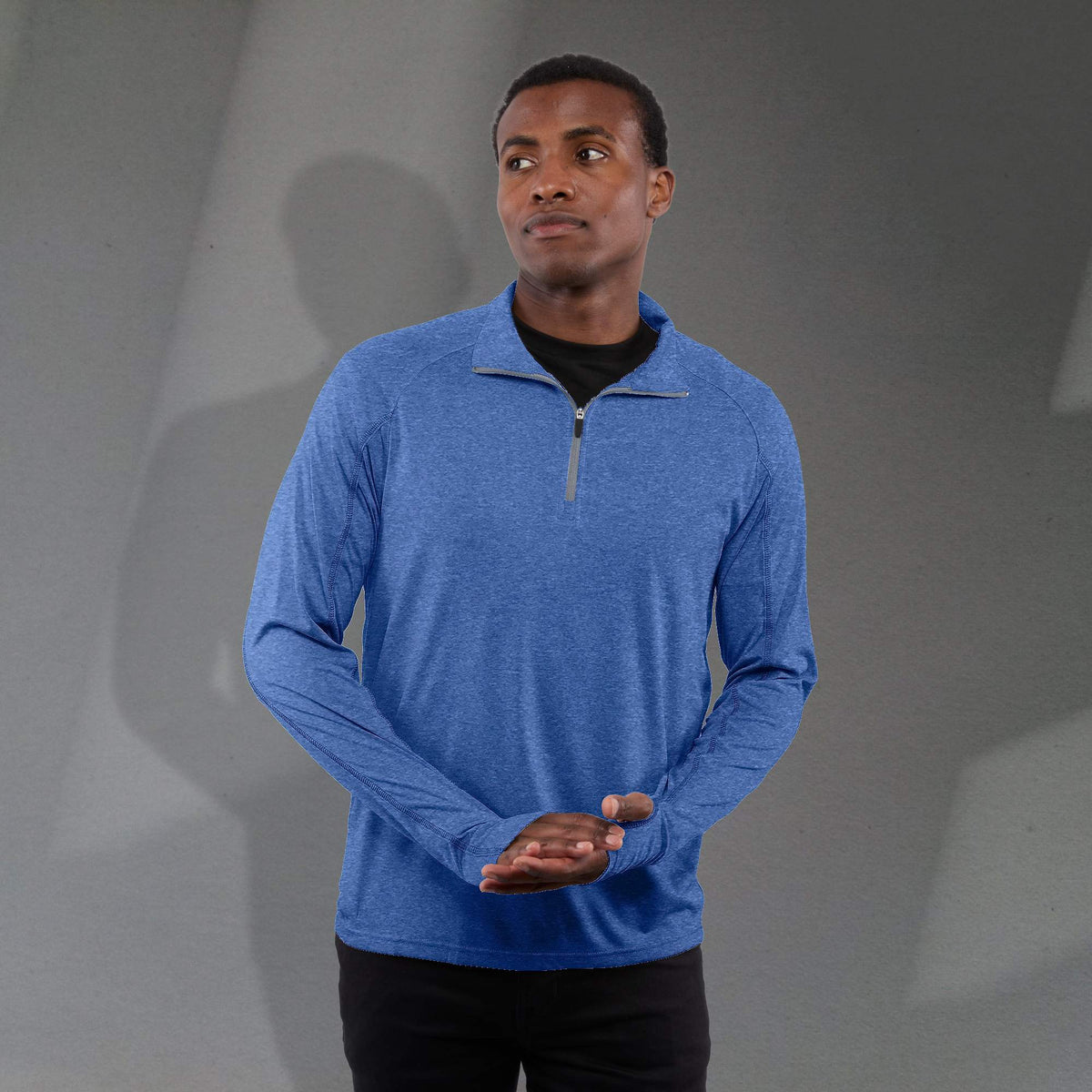 Taza Knit Quarter Zip with Thumb Holes for Men Transfer - New Royal Heather - Front On Model