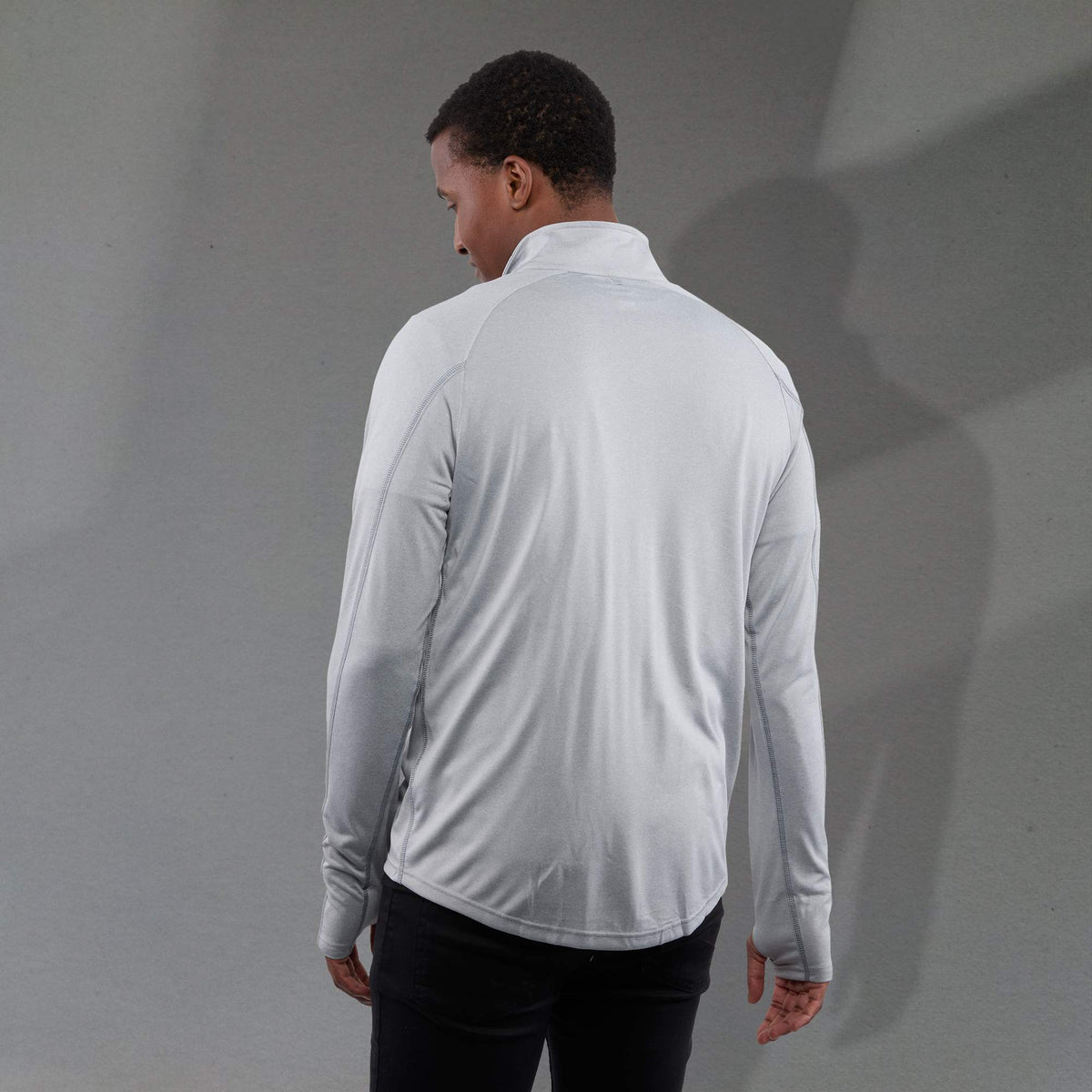 Taza Knit Quarter Zip with Thumb Holes for Men Transfer - Silver Heather - Back On Model