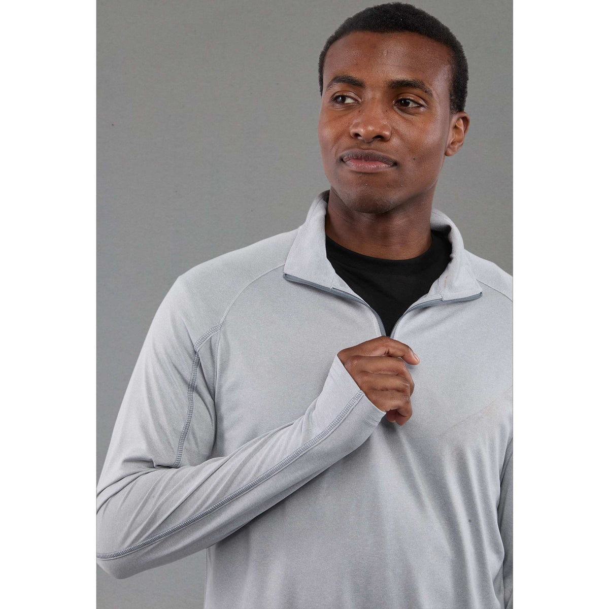 Taza Knit Quarter Zip with Thumb Holes for Men Transfer - Silver Heather - Front On Model 2