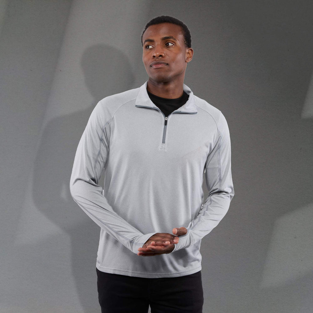 Taza Knit Quarter Zip with Thumb Holes for Men Transfer - Silver Heather - Front On Model 3