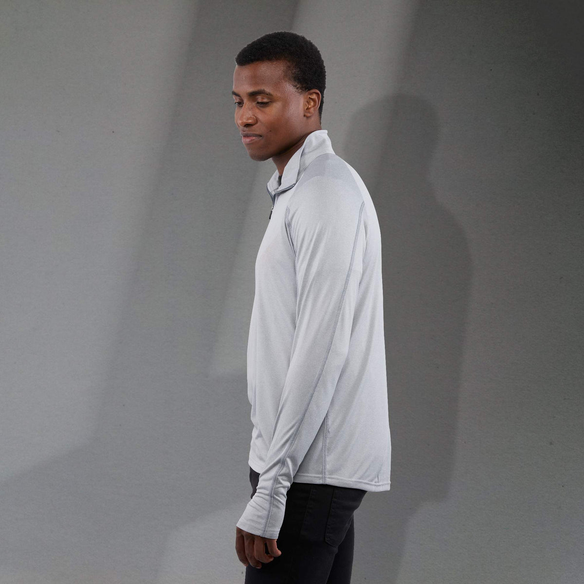 Taza Knit Quarter Zip with Thumb Holes for Men Transfer - Silver Heather - Left Side On Model