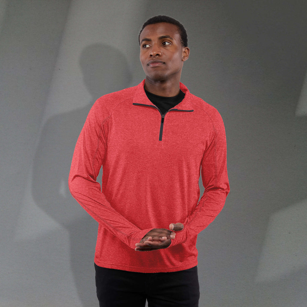 Taza Knit Quarter Zip with Thumb Holes for Men Transfer - Team Red Heather - Front On Model