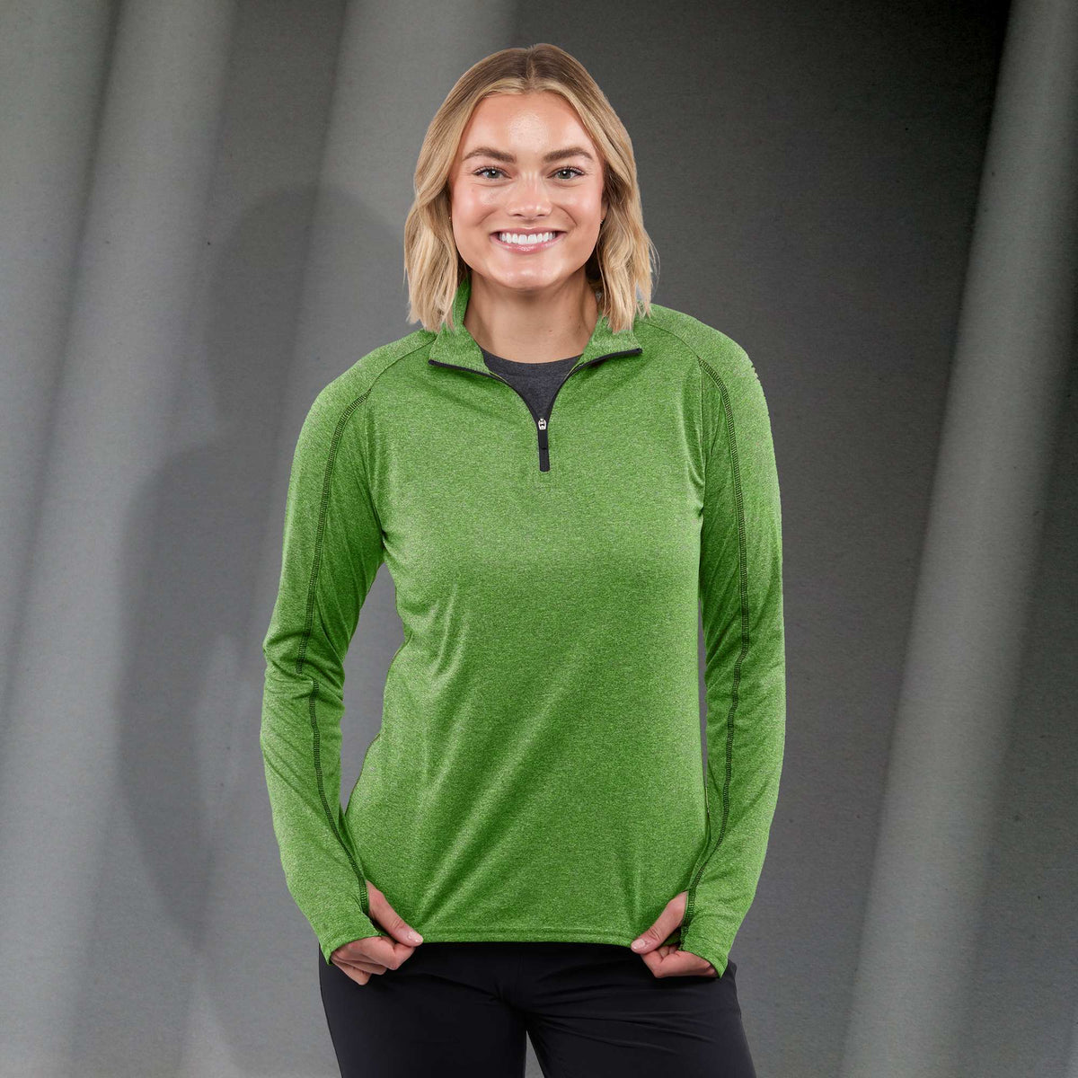 Taza Knit Quarter Zip with Thumb Holes for Women Debossing - Apple Heather - Front On Model