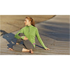 Taza Knit Quarter Zip with Thumb Holes for Women Debossing - Apple Heather - On Model