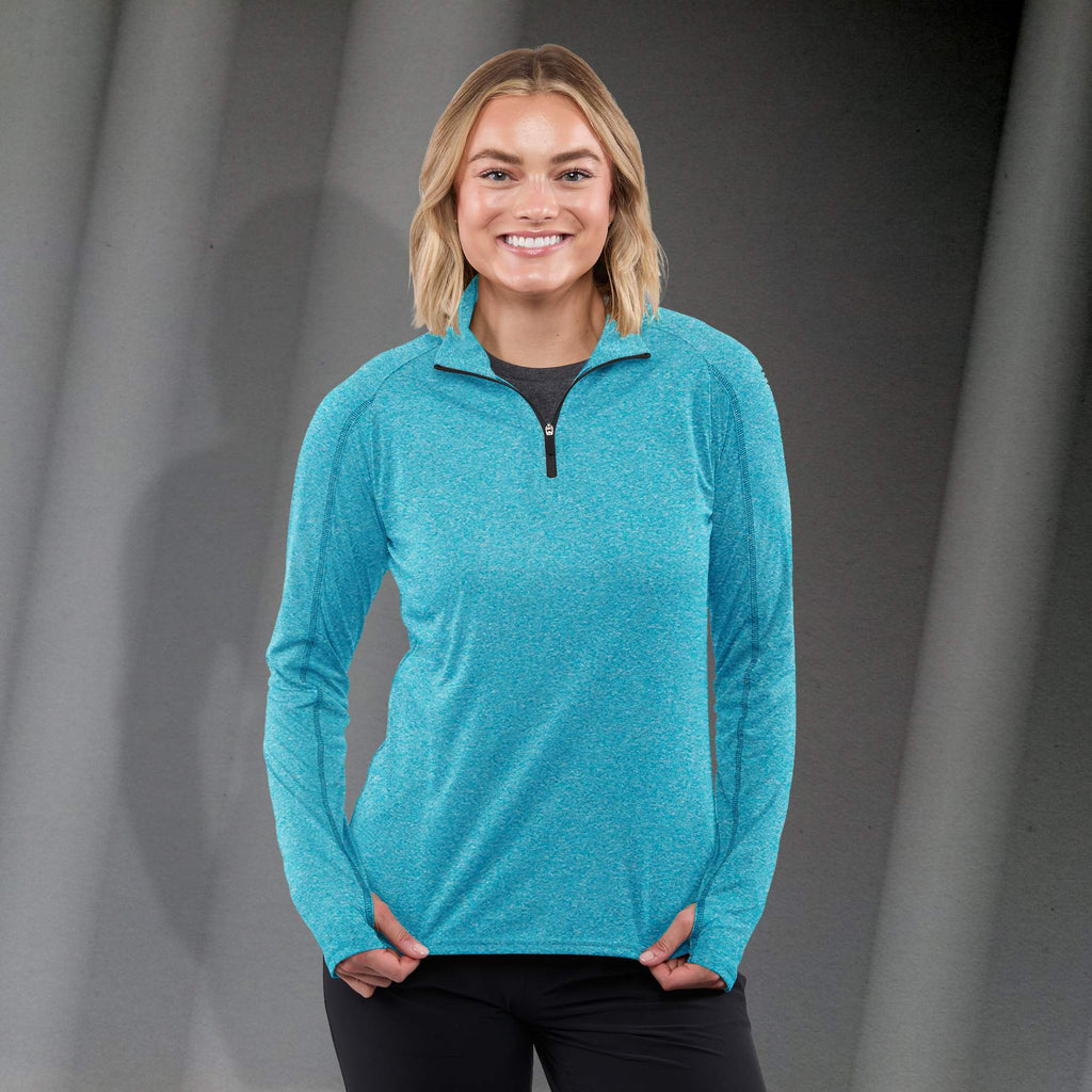 Taza Knit Quarter Zip with Thumb Holes for Women Debossing - Aspen Heather - Front On Model