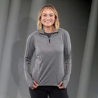 Taza Knit Quarter Zip with Thumb Holes for Women Debossing - Heather Dark Charcoal - Front On Model 2