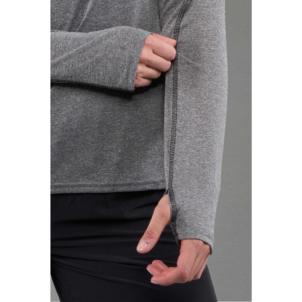 Taza Knit Quarter Zip with Thumb Holes for Women Debossing - Heather Dark Charcoal - Front On Model