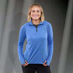 Taza Knit Quarter Zip with Thumb Holes for Women Debossing - New Royal Heather - Front On Model