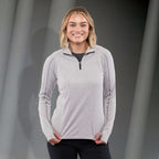 Taza Knit Quarter Zip with Thumb Holes for Women Debossing - Silver Heather - Front On Model