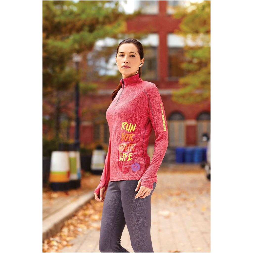 Taza Knit Quarter Zip with Thumb Holes for Women Debossing - Team Red Heather - On Model 3