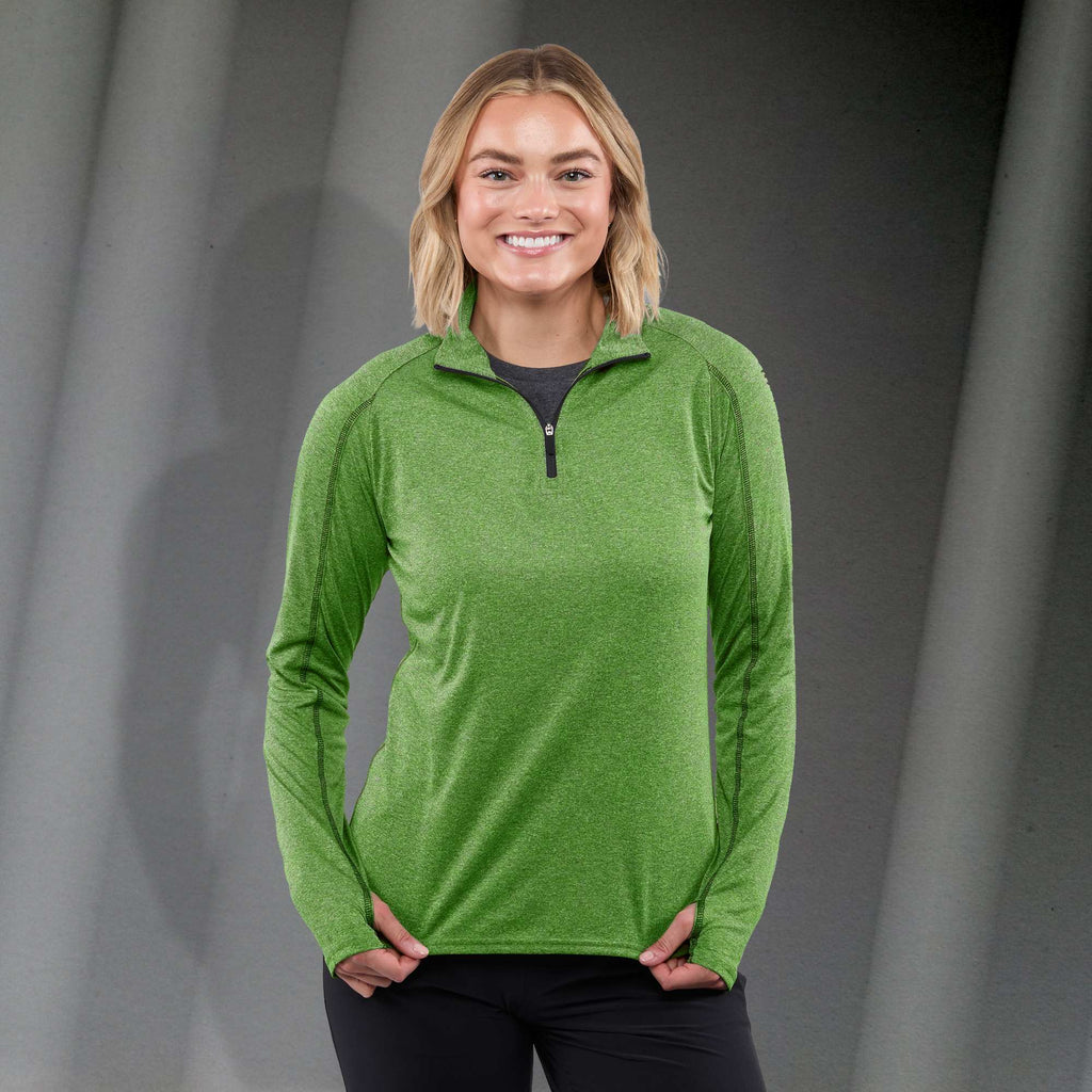 Taza Knit Quarter Zip with Thumb Holes for Women Embroidery - Apple Heather - Front On Model