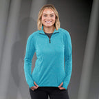 Taza Knit Quarter Zip with Thumb Holes for Women Embroidery - Aspen Heather - Front On Model