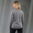 Taza Knit Quarter Zip with Thumb Holes for Women Embroidery - Heather Dark Charcoal - Back On Model