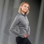 Taza Knit Quarter Zip with Thumb Holes for Women Embroidery - Heather Dark Charcoal - Right Side On Model