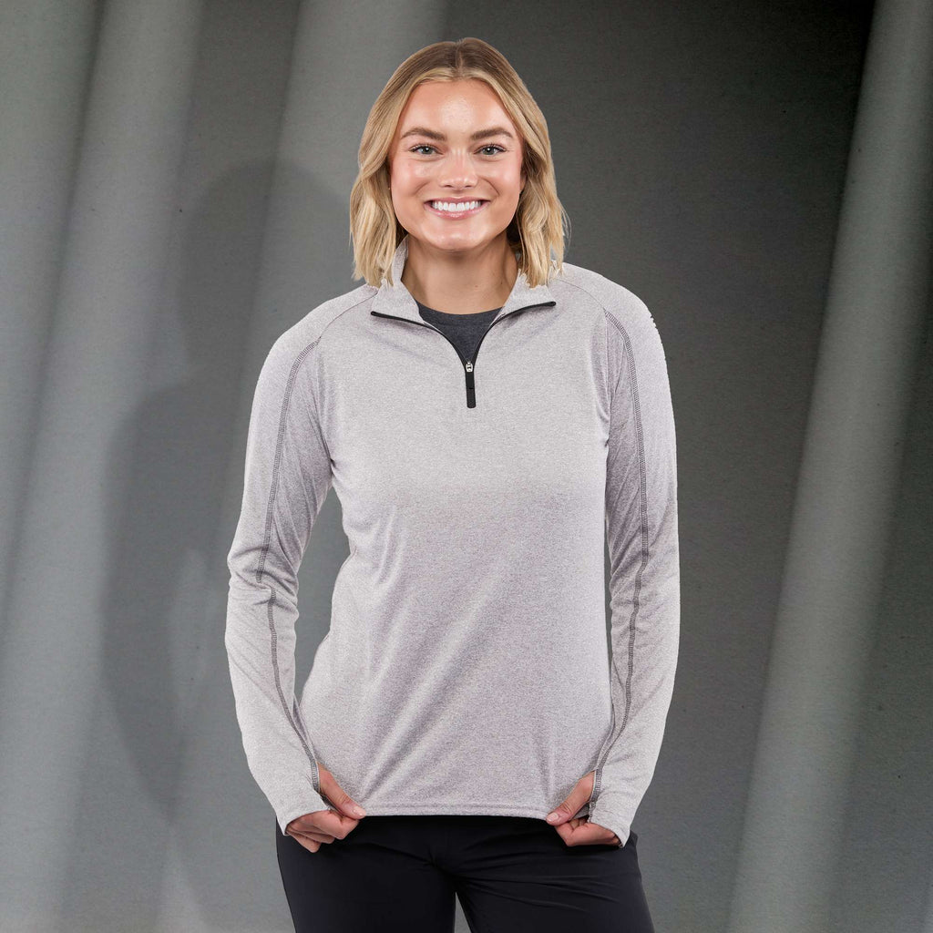 Taza Knit Quarter Zip with Thumb Holes for Women Embroidery - Silver Heather - Front On Model