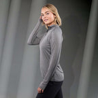 Taza Knit Quarter Zip with Thumb Holes for Women Transfer - Heather Dark Charcoal - Left Side On Model