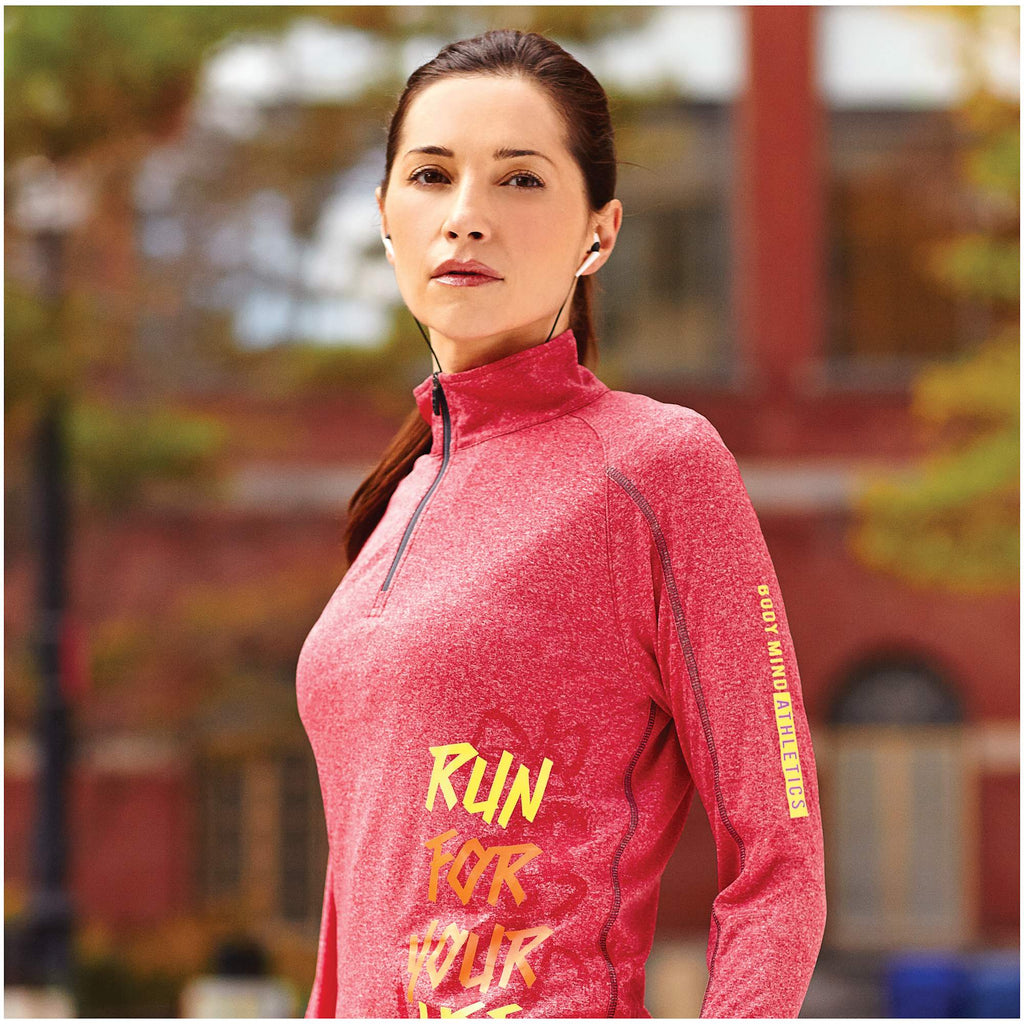 Taza Knit Quarter Zip with Thumb Holes for Women Transfer - Team Red Heather - On Model 2