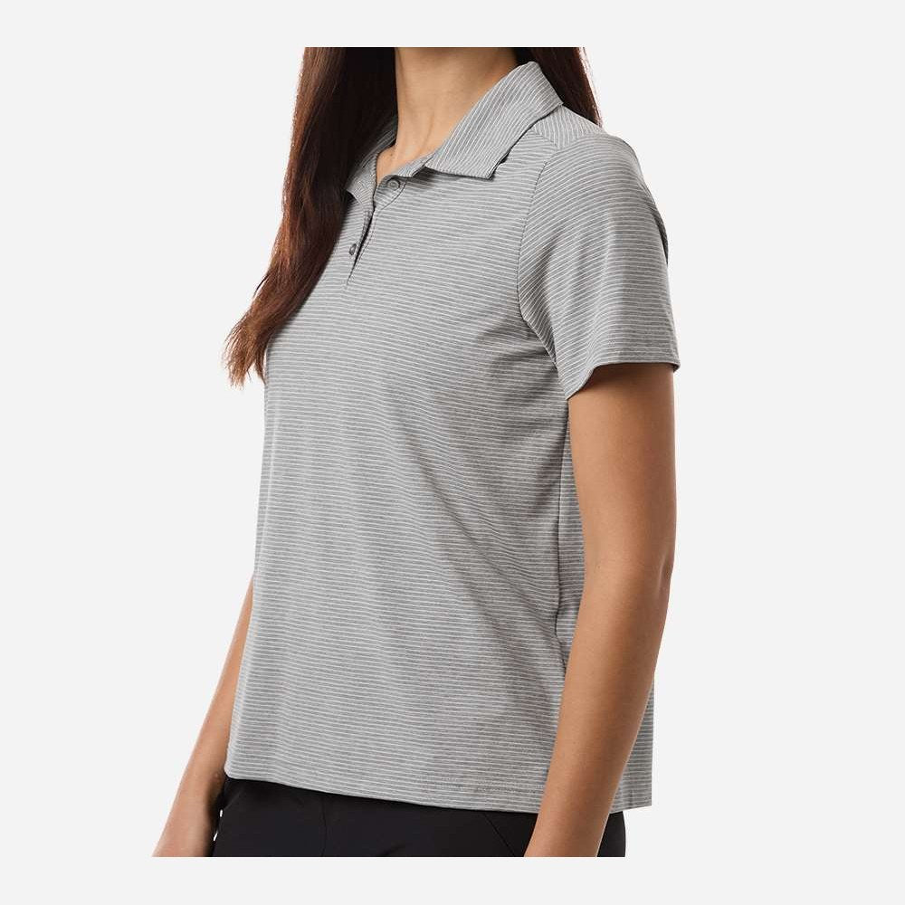 Team 365 Women's Relay Heathered Stripe Polo Embroidery - Athletic Heather/ White - On Model Side