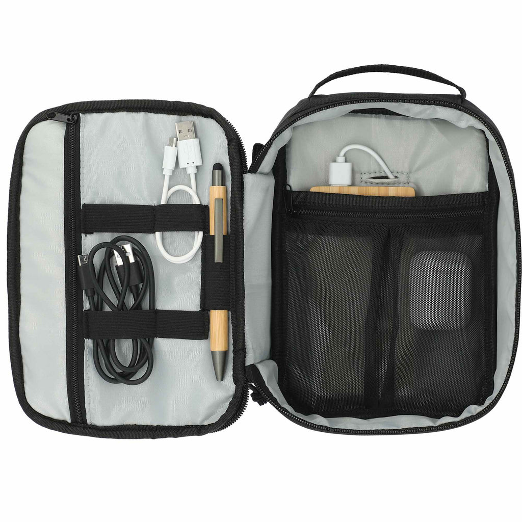Tech Organizer with Cable Loops in Recycled PET - Black - Front 3