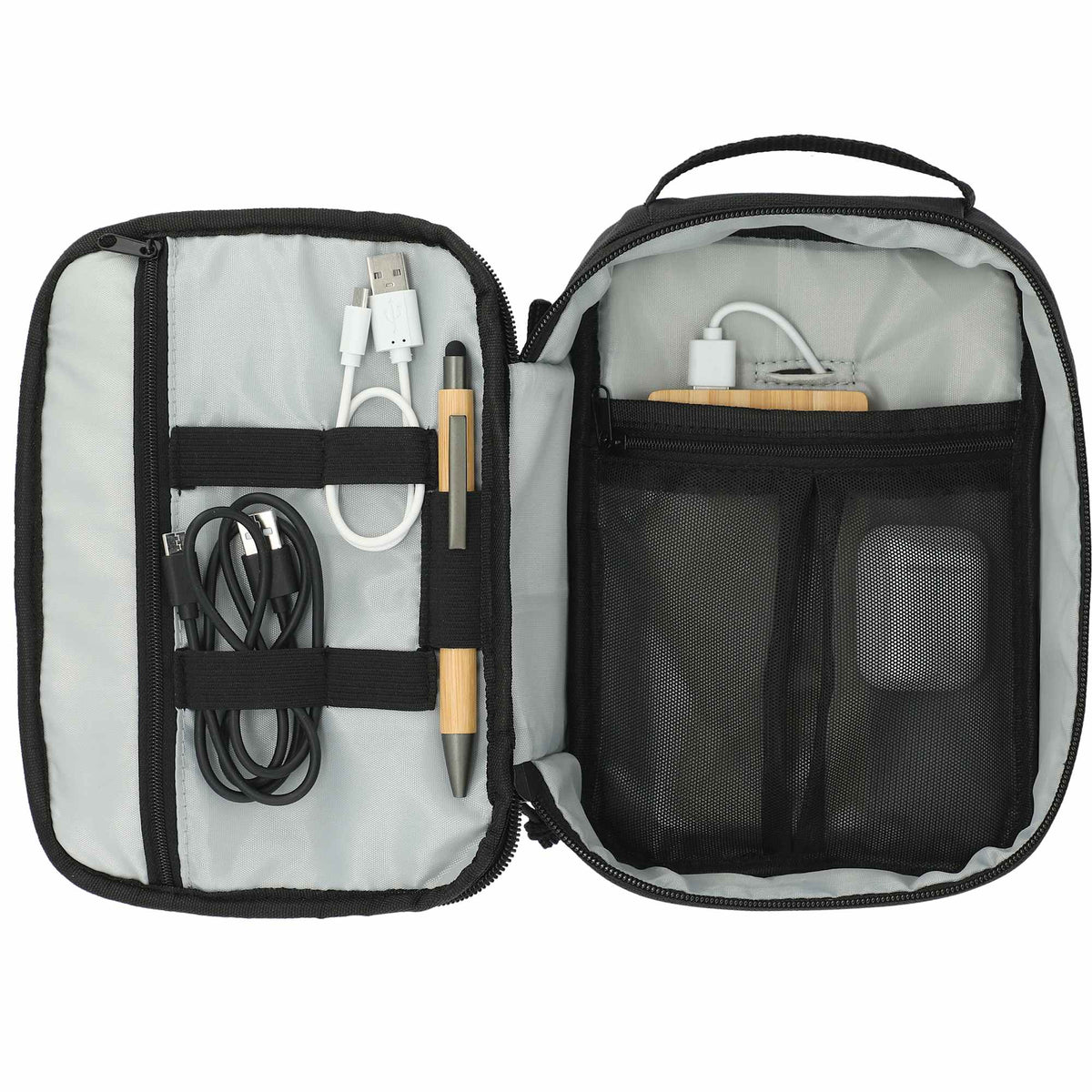Tech Organizer with Cable Loops in Recycled PET - Black - Front 3