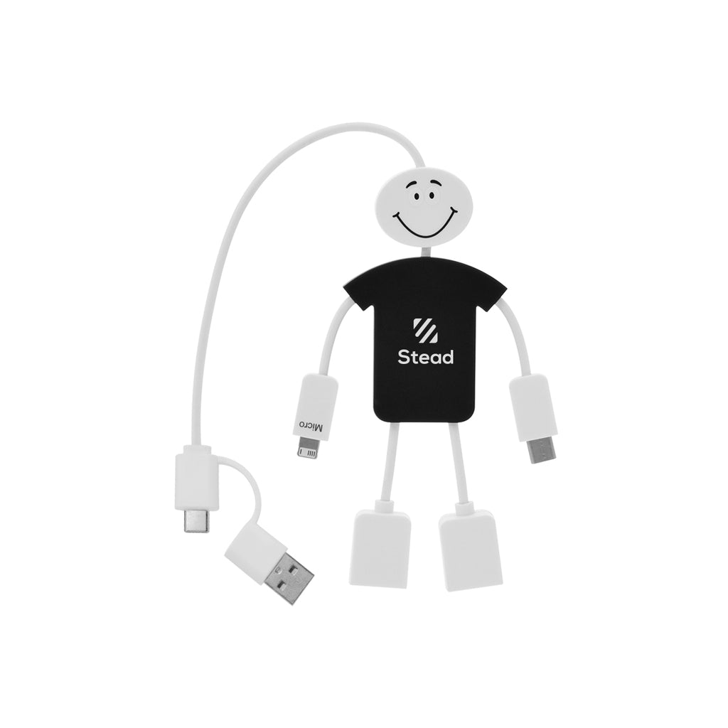 Techmate Charging Cable and USB Hub, Three-Way - White with Black - Pad Print