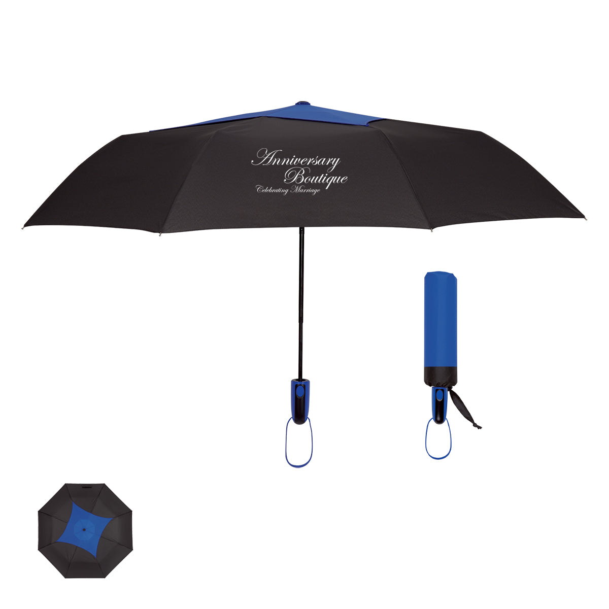 Telescopic Diamond Top Vented Umbrella, 44 Inch Arc - Black with Blue