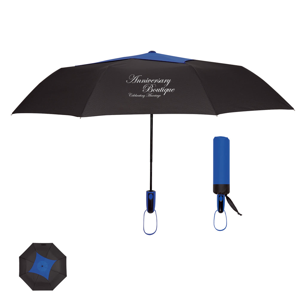 Telescopic Diamond Top Vented Umbrella, 44 Inch Arc - Black with Blue