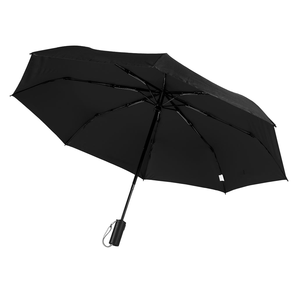 Telescopic Folding Umbrella with Recycled Canopy, 42 Inch Arc - Black with Gray - Open
