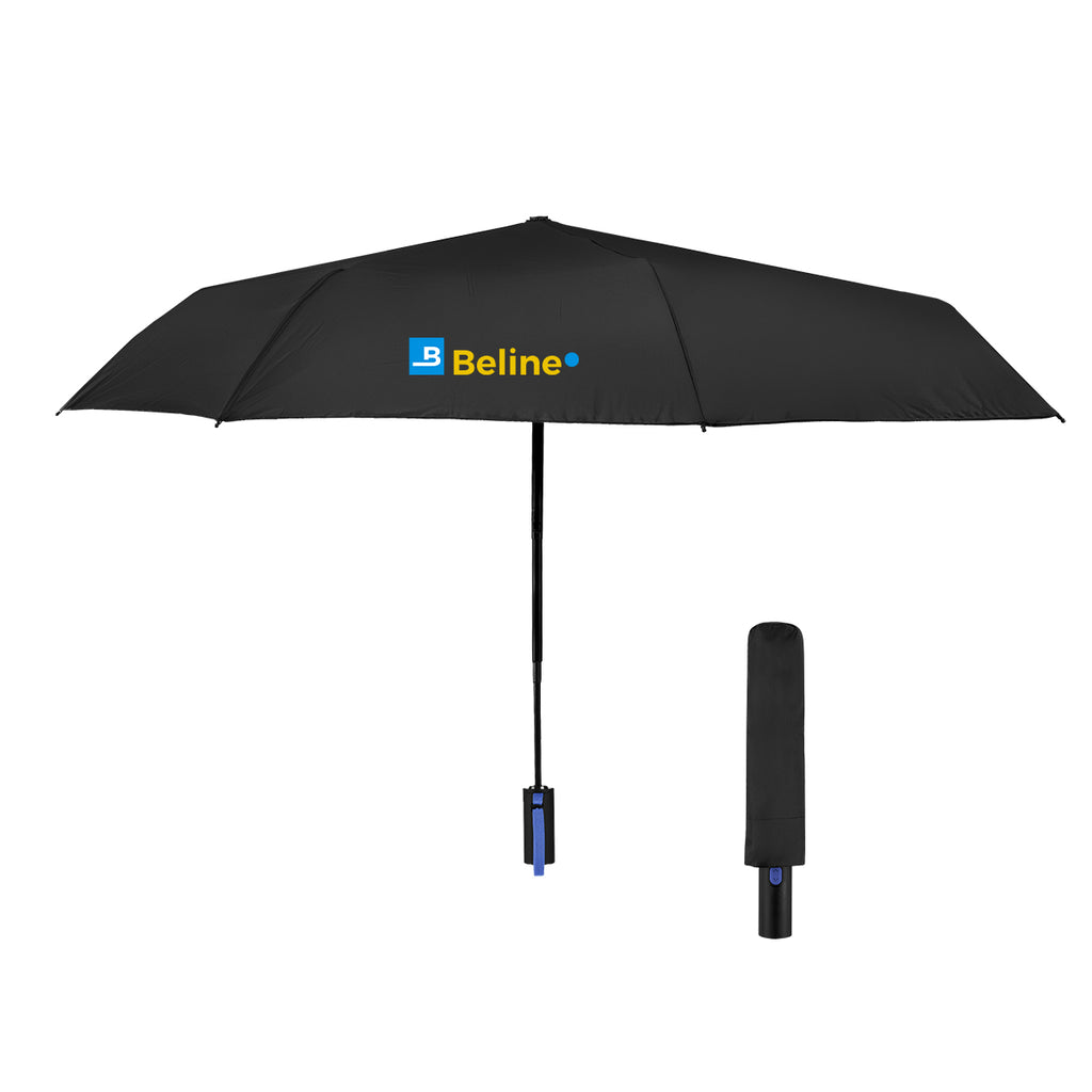 Telescopic Folding Umbrella with Recycled Canopy, 42 Inch Arc - Black With Royal - Colorbrite
