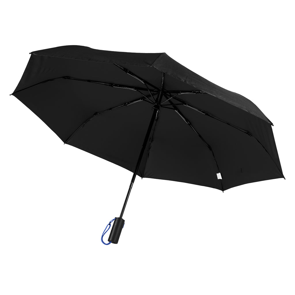 Telescopic Folding Umbrella with Recycled Canopy, 42 Inch Arc - Black With Royal - Open