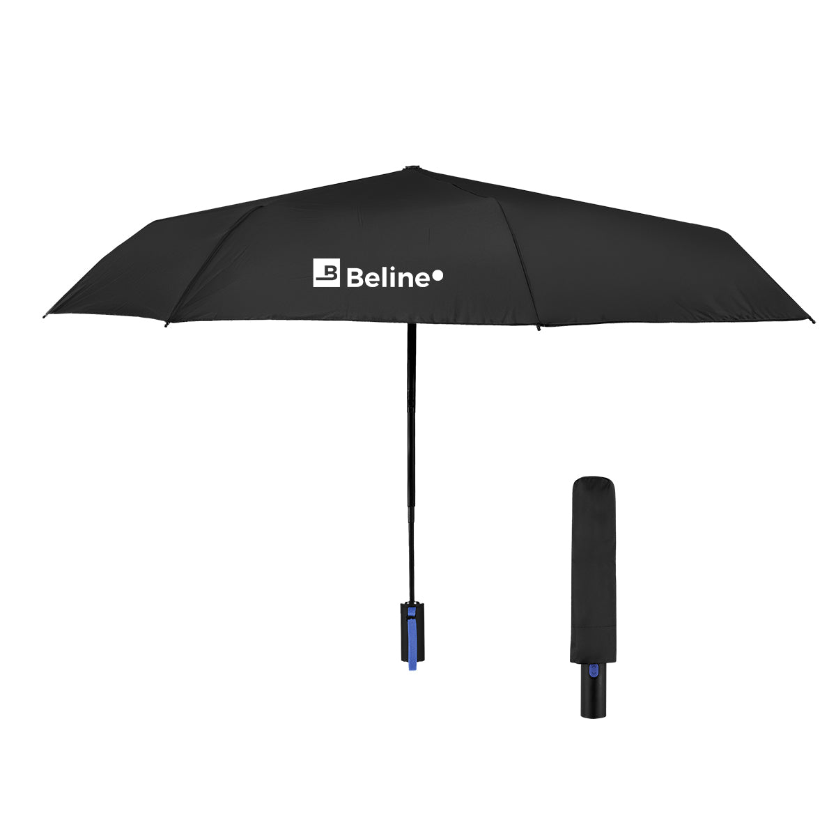 Telescopic Folding Umbrella with Recycled Canopy, 42 Inch Arc - Black With Royal - Silk Screen