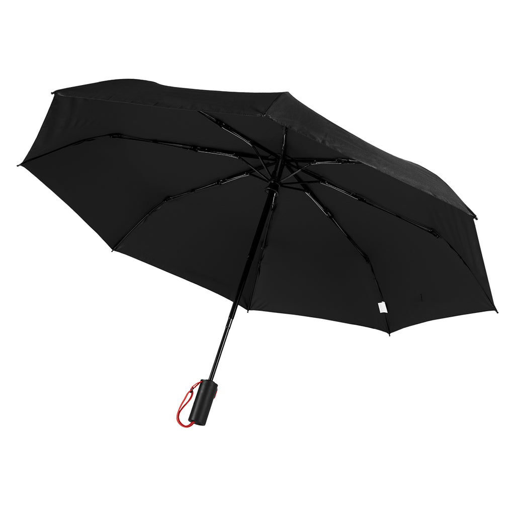 Telescopic Folding Umbrella with Recycled Canopy, 42 Inch Arc - Red - Open