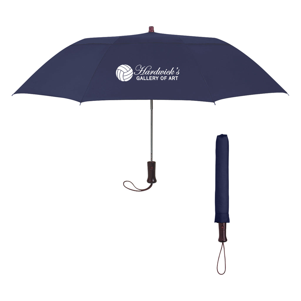 Telescopic Folding Umbrella with Wood Handle, 44 Inch Arc - Navy - Silk Screen
