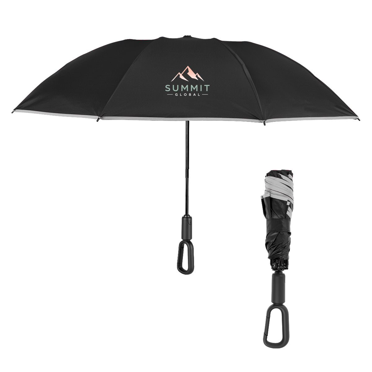 Telescopic Inversion Umbrella with Carabiner Handle, 46 Inch Arc - Black - Colorbrite