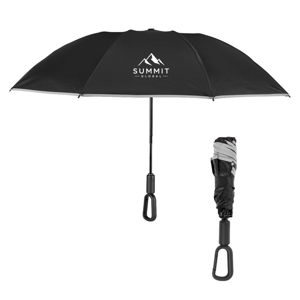 Telescopic Inversion Umbrella with Carabiner Handle, 46 Inch Arc - Black - Silk Screen