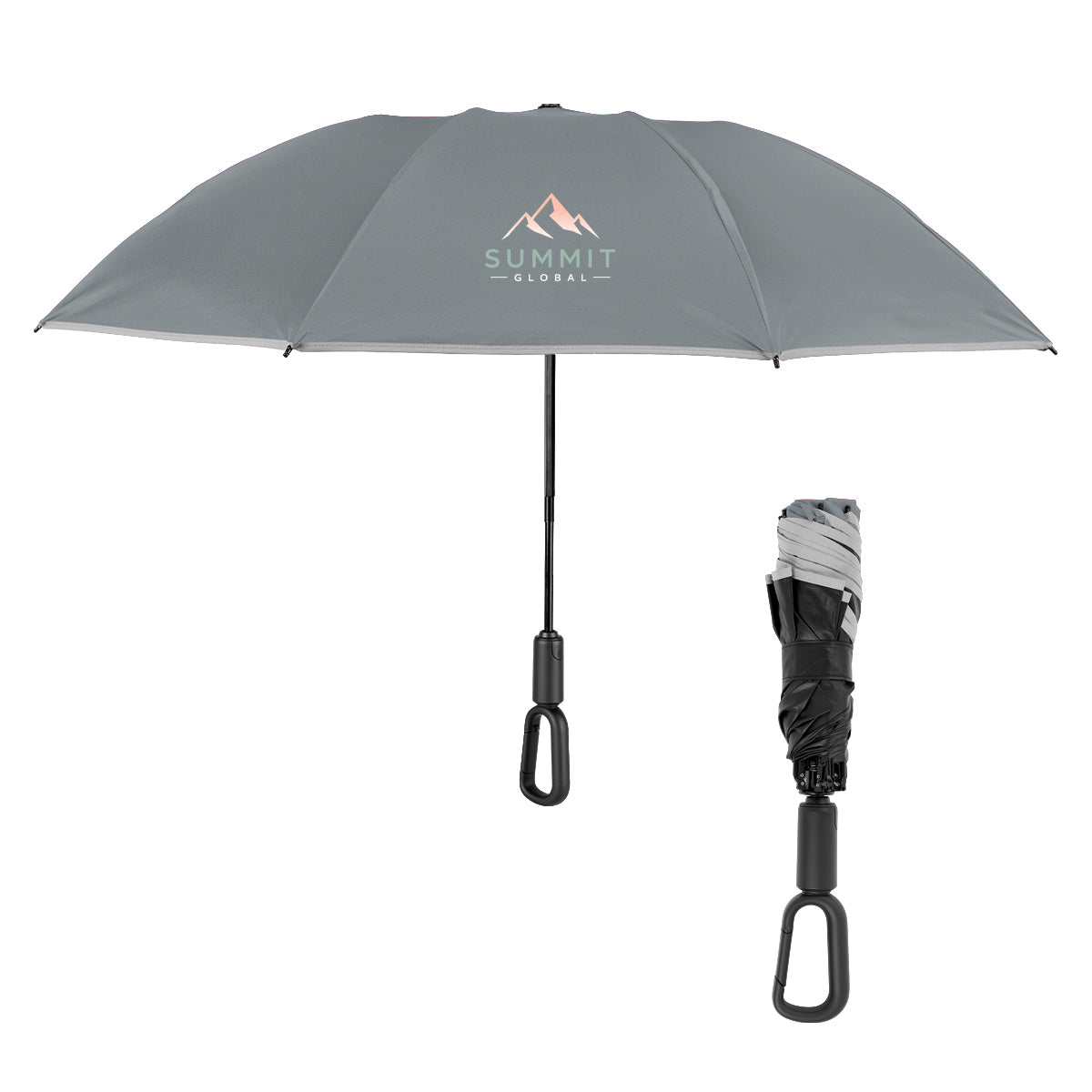 Telescopic Inversion Umbrella with Carabiner Handle, 46 Inch Arc - Gray - Colorbrite