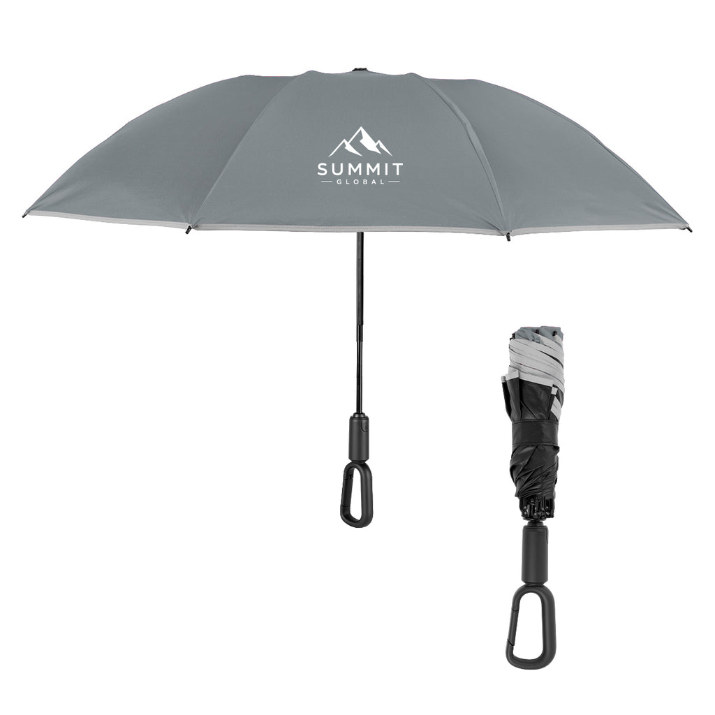 Telescopic Inversion Umbrella with Carabiner Handle, 46 Inch Arc - Gray - Silk Screen