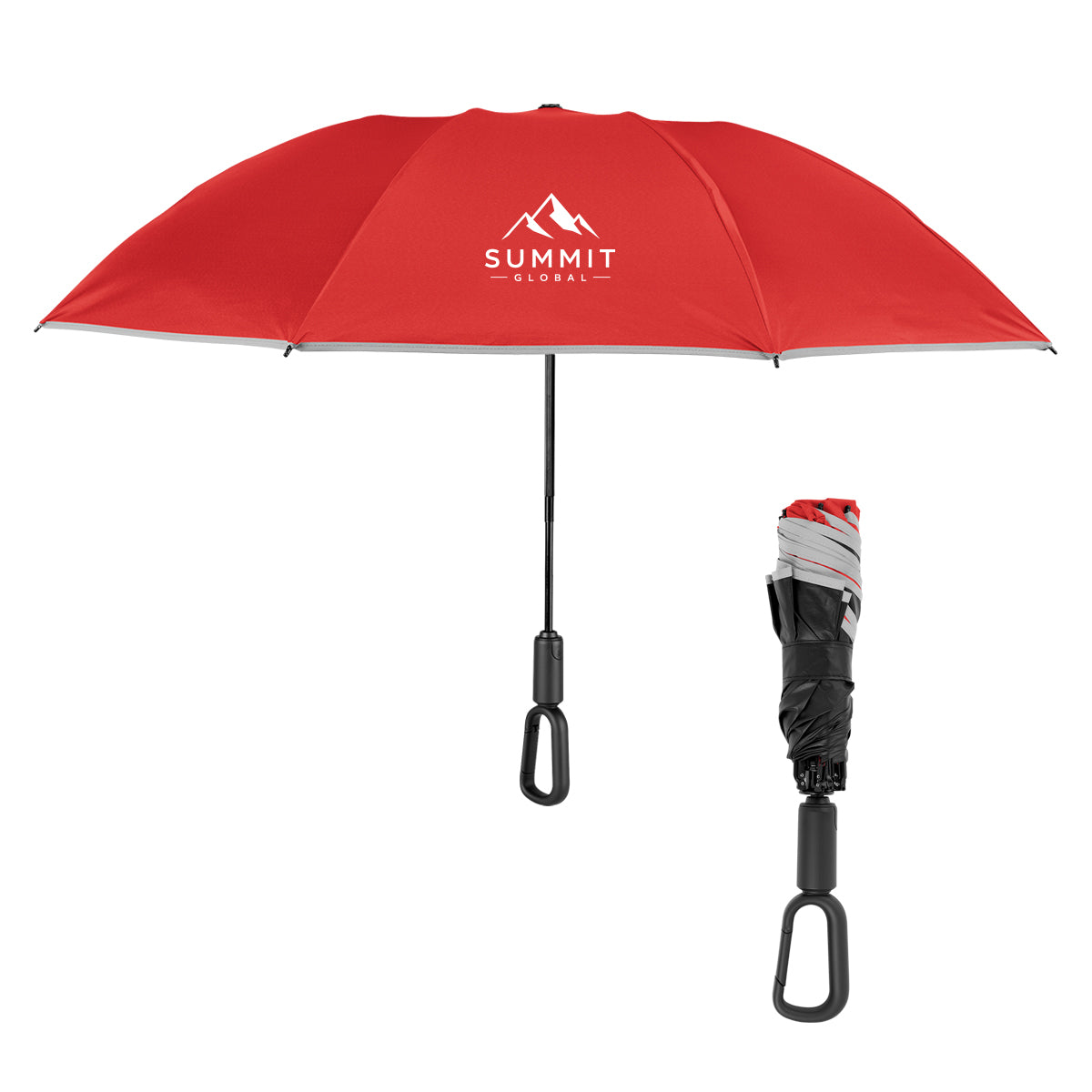 Telescopic Inversion Umbrella with Carabiner Handle, 46 Inch Arc - Red - Silk Screen