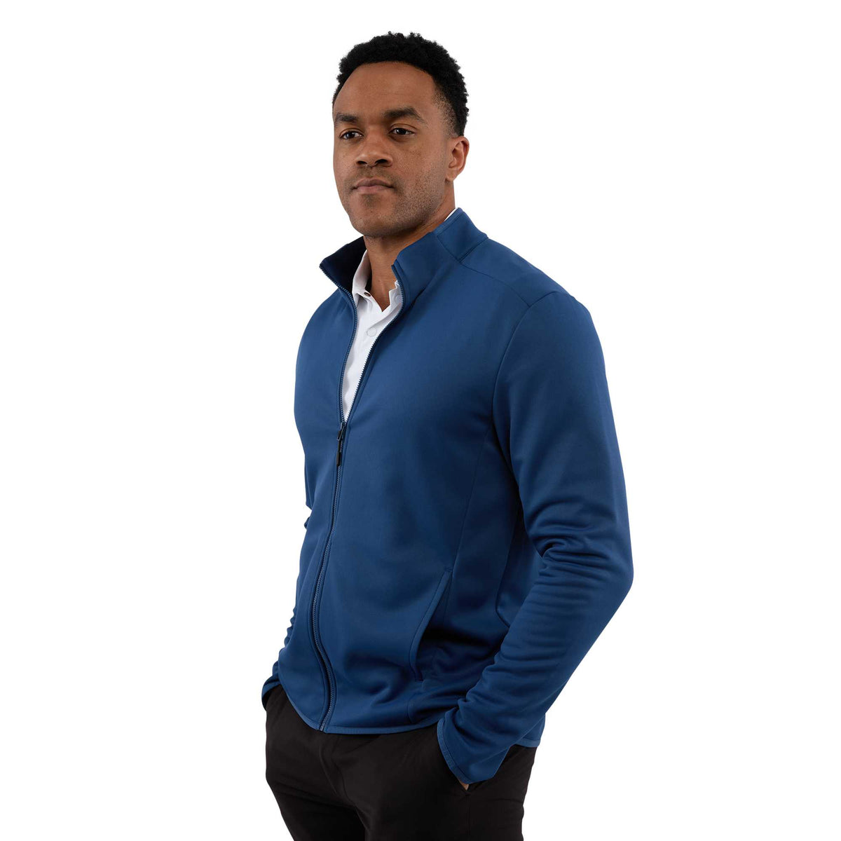 Telica Brushed Back Recycled Fleece Jacket for Men Embroidery - River Blue - Left Side On Model 2