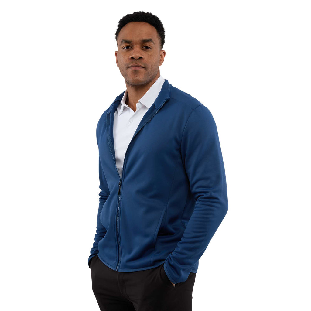 Telica Brushed Back Recycled Fleece Jacket for Men Embroidery - River Blue - Left Side On Model