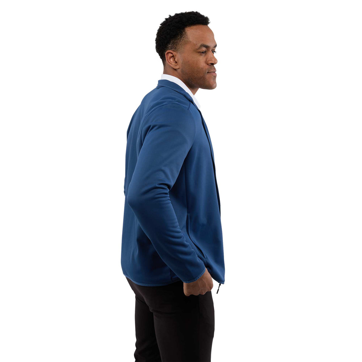 Telica Brushed Back Recycled Fleece Jacket for Men Embroidery - River Blue - Right Side On Model