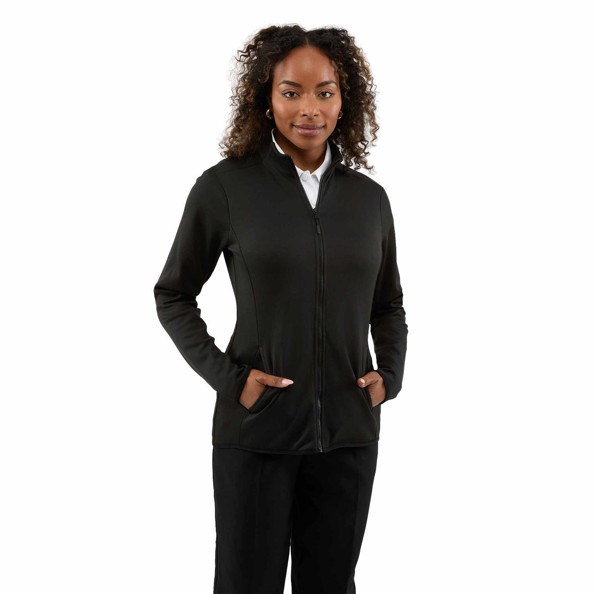 Telica Brushed Back Recycled Fleece Jacket for Women Debossing - Black - Front On Model
