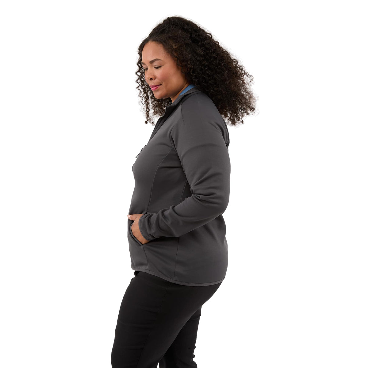 Telica Brushed Back Recycled Fleece Jacket for Women Embroidery - Grey Smoke - Left Side On Model
