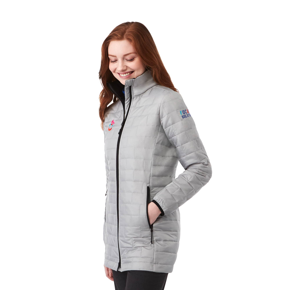 Telluride Packable Puffer Jacket for Women Embroidery - Silver - Right Angle On Model