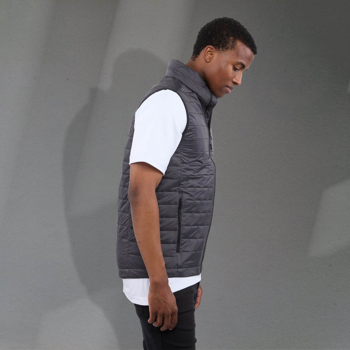 Telluride Packable Puffer Vest for Men Embroidery - Grey Storm - Right Side On Model