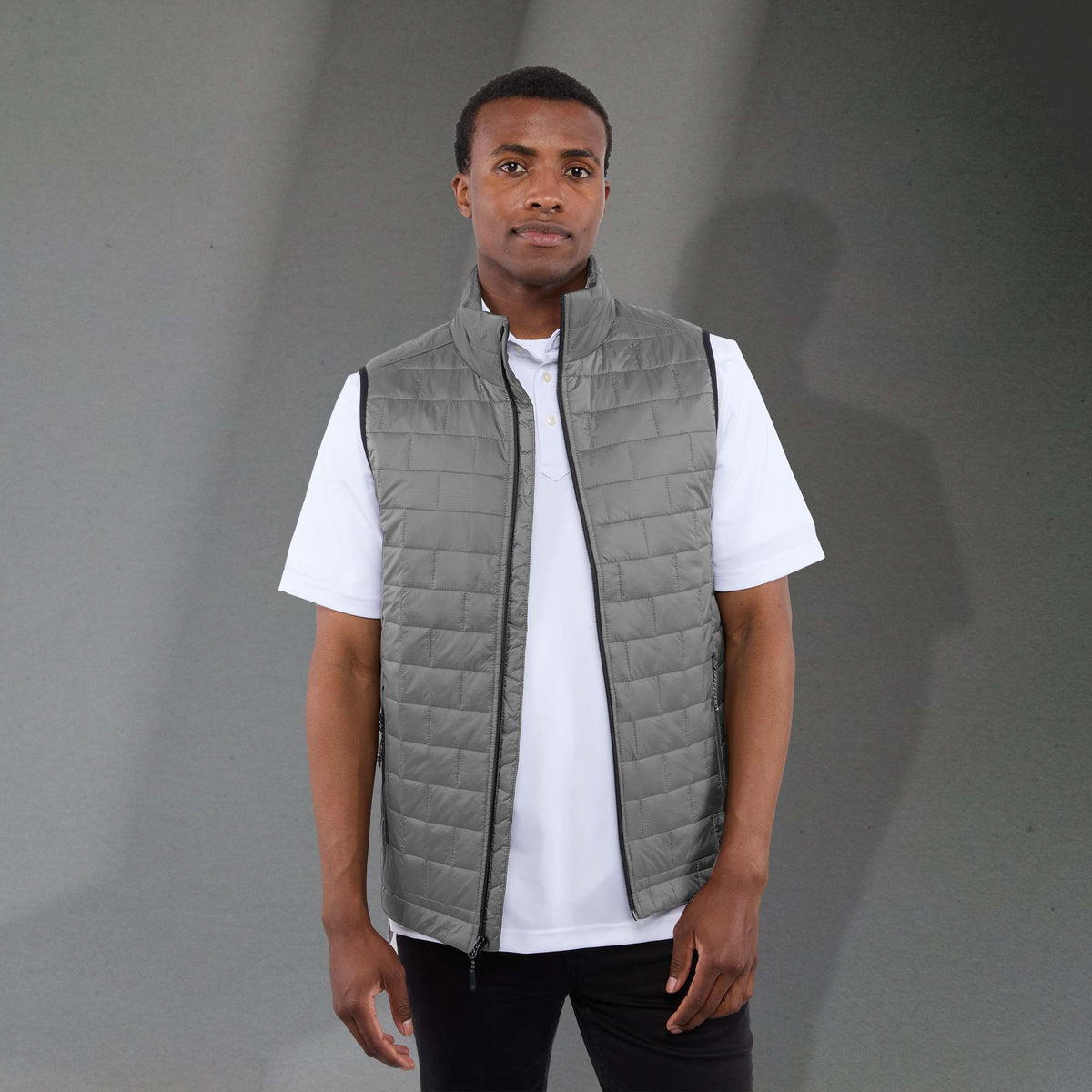 Telluride Packable Puffer Vest for Men Embroidery - Silver - Front On Model
