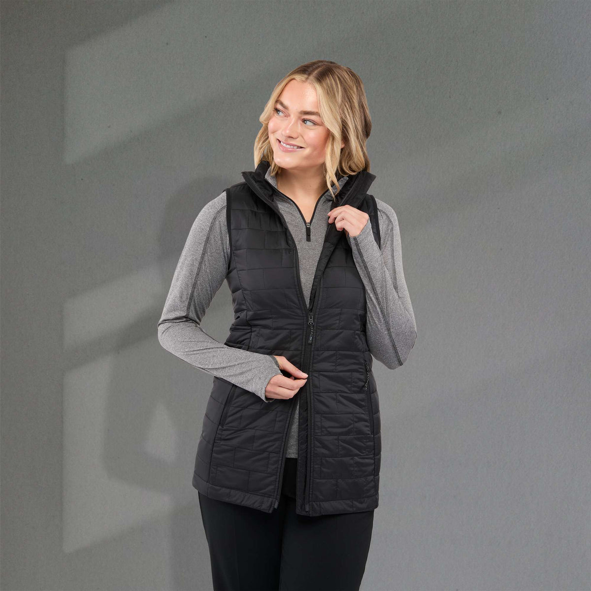 Telluride Packable Puffer Vest for Women Embroidery - Black - Front On Model