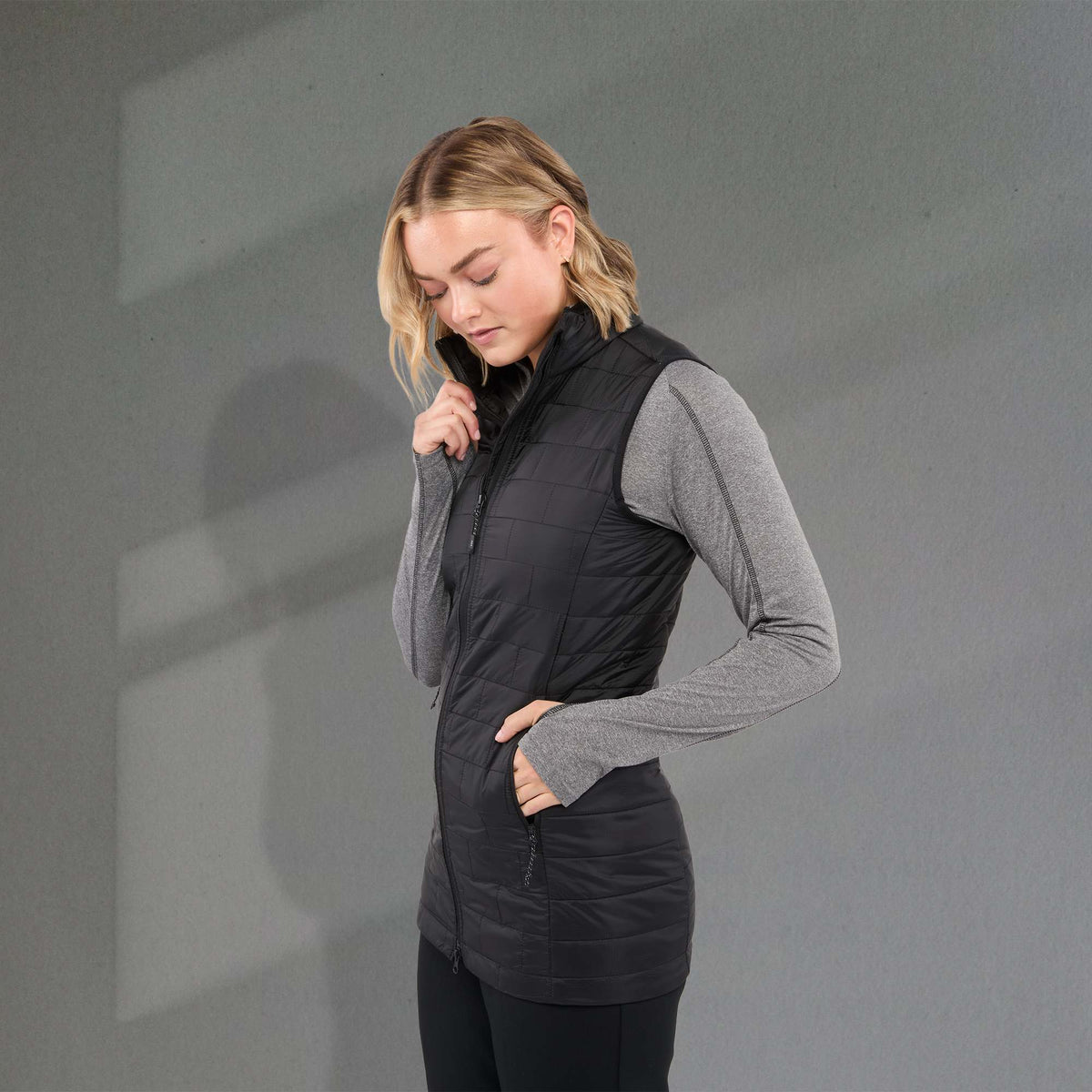 Telluride Packable Puffer Vest for Women Embroidery - Black - Left Side On Model