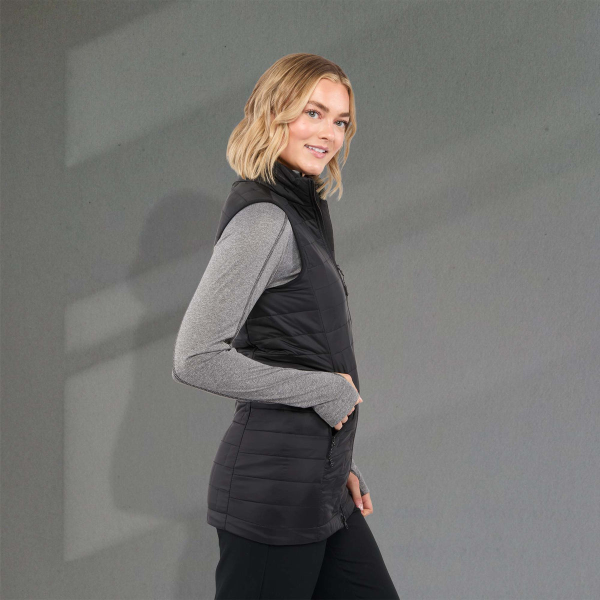 Telluride Packable Puffer Vest for Women Embroidery - Black - Right Side On Model